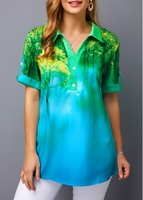 ROTITA Ginkgo Print Button Detail Split Neck Blouse