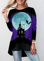 ROTITA Halloween Print Dip Hem Button Detail T Shirt