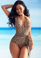 ROTITA Halter Leopard Print Belted One Piece Swimwear