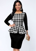 ROTITA Houndstooth Print Faux Two Piece Flounce Dress