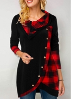 ROTITA Inclined Button Plaid Print Tulip Hem T Shirt