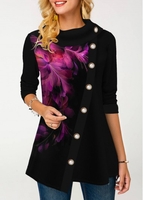 ROTITA Inclined Button Printed Asymmetric Hem T Shirt