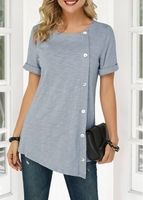 ROTITA Inclined Button Short Sleeve Asymmetric Hem T Shirt