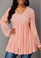 ROTITA Lace Panel Button Up Long Sleeve Blouse