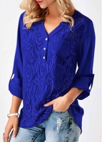 ROTITA Lace Panel Split Neck Roll Tab Sleeve Blouse