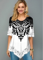 ROTITA Lace Trim Asymmetric Hem Printed T Shirt