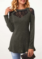 ROTITA Lace Trim Round Neck Long Sleeve T Shirt