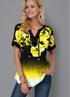 ROTITA Lace Up Floral Print Gradient Blouse