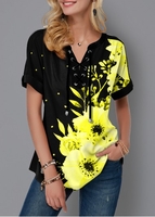 ROTITA Lace Up Floral Print Short Sleeve Blouse