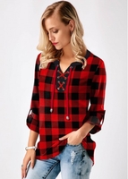 ROTITA Lace Up Long Sleeve Plaid Print Blouse