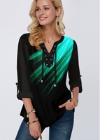 ROTITA Lace Up Roll Tab Sleeve Printed Blouse