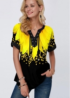 ROTITA Lace Up Sunflower Print Short Sleeve Blouse