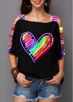 ROTITA Ladder Cutout Sleeve Heart Print Rainbow T Shirt