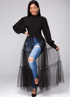ROTITA Lantern Sleeve Mesh Contrast Button Up Blouse