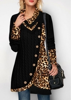 ROTITA Leopard Print Asymmetric Hem Button Detail Sweatshirt