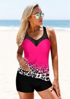 ROTITA Leopard Print Spaghetti Strap Mesh Panel Tankini Set