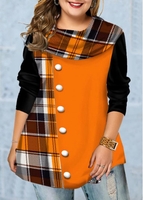 ROTITA Long Sleeve Plaid Print Inclined Button T Shirt