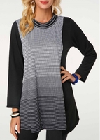 ROTITA Long Sleeve Round Neck Stripe Print Black Blouse