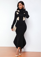 ROTITA Mermaid Hem Geometric Pattern Long Sleeve Sweater Dress