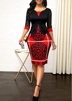 ROTITA Mesh Panel Tribal Print Three Quarter Sleeve Dress