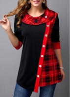 ROTITA Plaid Print Asymmetric Hem Button Front T Shirt