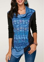 ROTITA Plaid Print Cowl Neck Asymmetric Hem T Shirt