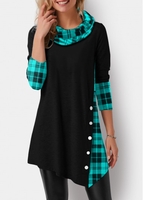 ROTITA Plaid Print Cowl Neck Asymmetric Hem Tunic Top