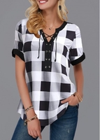 ROTITA Plaid Print Lace Up Front Blouse