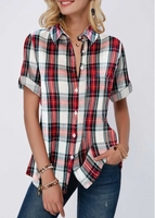 ROTITA Plaid Print Roll Tab Sleeve Turndown Collar Blouse