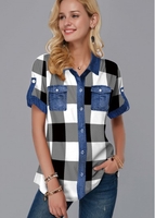 ROTITA Plaid Print Short Sleeve Button Up Blouse