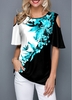 ROTITA Plant Print Color Block Cold Shoulder T Shirt