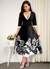 ROTITA Plant Print Plunging Neck Contrast Dress