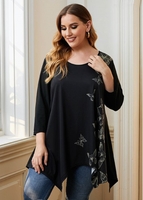 ROTITA Plus Size Asymmetric Hem Butterfly Print T Shirt