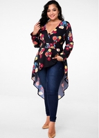 ROTITA Plus Size Asymmetric Hem Floral Print Blouse