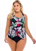 ROTITA Plus Size Asymmetric Hem Floral Print Swimdress and Panty