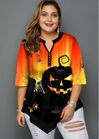 ROTITA Plus Size Asymmetric Hem Halloween Print Blouse