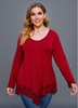 ROTITA Plus Size Asymmetric Hem Lace Stitching T Shirt