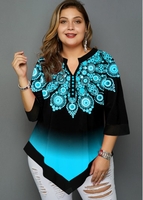 ROTITA Plus Size Asymmetric Hem Tribal Print Ombre T Shirt