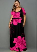 ROTITA Plus Size Belted Large Floral Print Pocket Dress