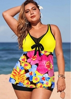 ROTITA Plus Size Bowknot Floral Print Swimwear Top