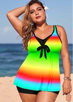 ROTITA Plus Size Bowknot Printed Rainbow Color Swimwear Top