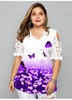 ROTITA Plus Size Butterfly Print Lace Stitching T Shirt