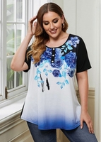 ROTITA Plus Size Button Detail Floral Print T Shirt