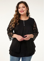 ROTITA Plus Size Button Detail Mesh Panel Blouse