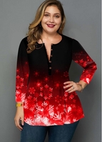 ROTITA Plus Size Button Detail Snowflake Print Blouse
