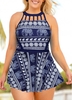 ROTITA Plus Size Caged Neck Elephant Print Swimdress and Shorts
