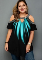 ROTITA Plus Size Cold Shoulder Printed T Shirt