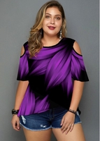 ROTITA Plus Size Cold Shoulder Printed T Shirt
