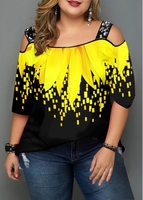 ROTITA Plus Size Cold Shoulder Sunflower Print T Shirt
