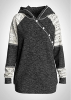 ROTITA Plus Size Contrast Lace Panel Button Detail Hoodie